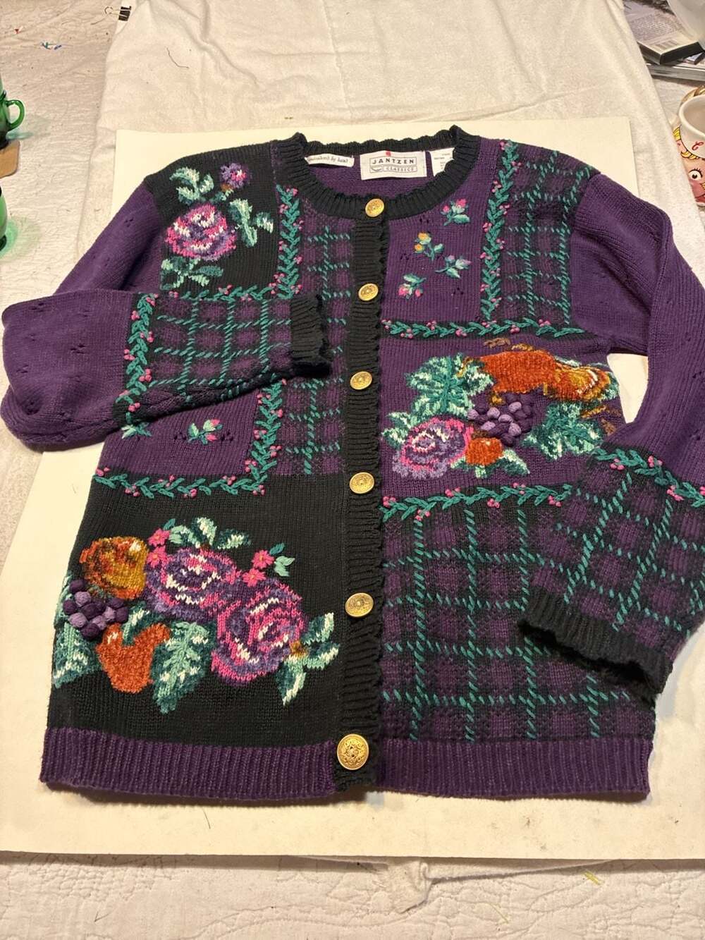 Jantzen Classics Vintage Floral and Fruit Hand-Embroidered Plaid Button-Front Ca